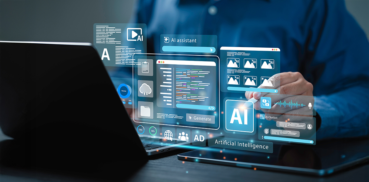 Person using AI-powered tools on a laptop and tablet, with digital interface graphics displaying artificial intelligence applications like chatbots, assistants, and data analysis.