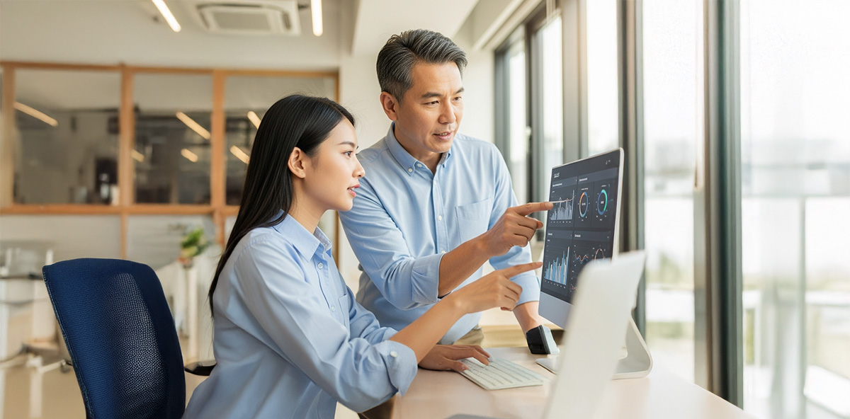Team collaborating over data dashboards, showcasing how learning management automation aligns training metrics with performance outcomes.