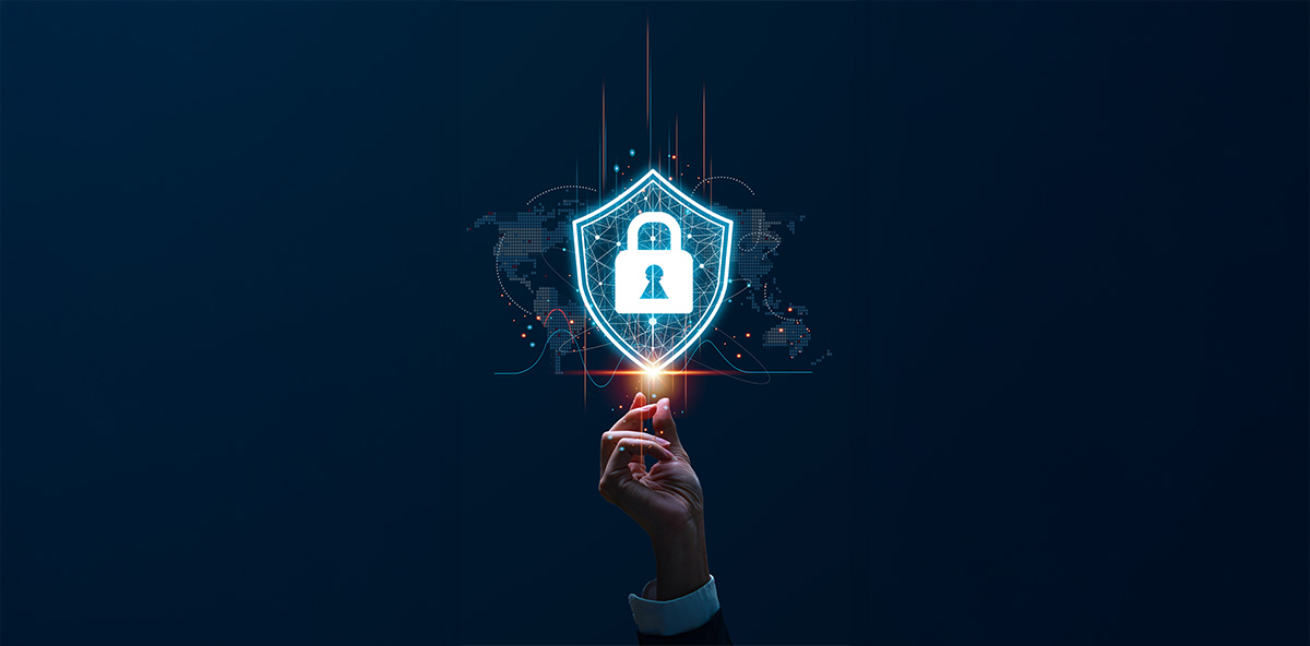 Hand activating digital shield with lock symbol representing secure access through a partner ecosystem