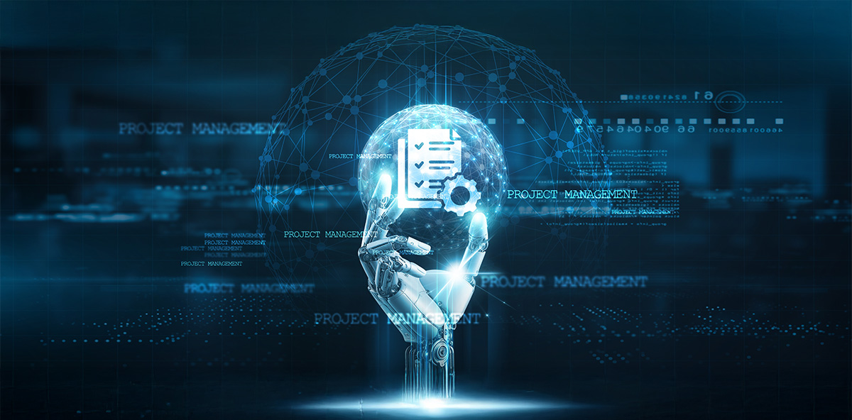 Robotic hand holding a glowing digital globe with workflow icons, illustrating AI automation in PartnerOps project management systems.
