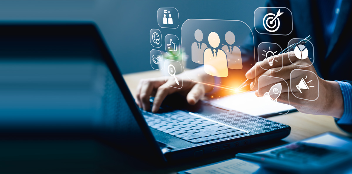PartnerOps digital strategy concept showing icons of teamwork, targeting, analytics, and innovation over a laptop, representing scalable channel operations and planning