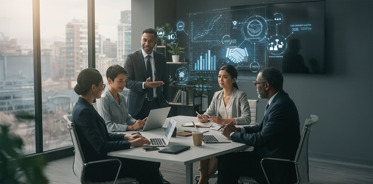 Diverse team of business professionals in a modern office discussing strategy, with lead management software analytics displayed on a large screen.
