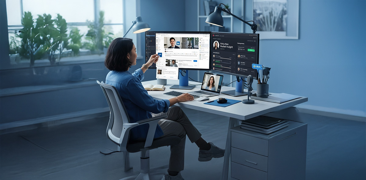 Professional using multi-screen setup with LinkedIn and CRM tools for B2B outreach, showcasing lead management automation in a digital workspace.