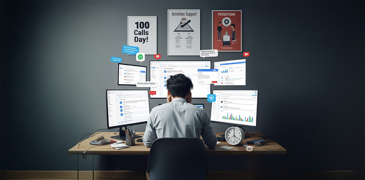 Sales development rep surrounded by dashboards and analytics, illustrating the impact of learning management automation on productivity and coaching