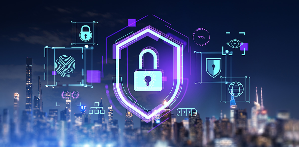 Digital security icons over city skyline representing zero trust enforcement through a partner ecosystem