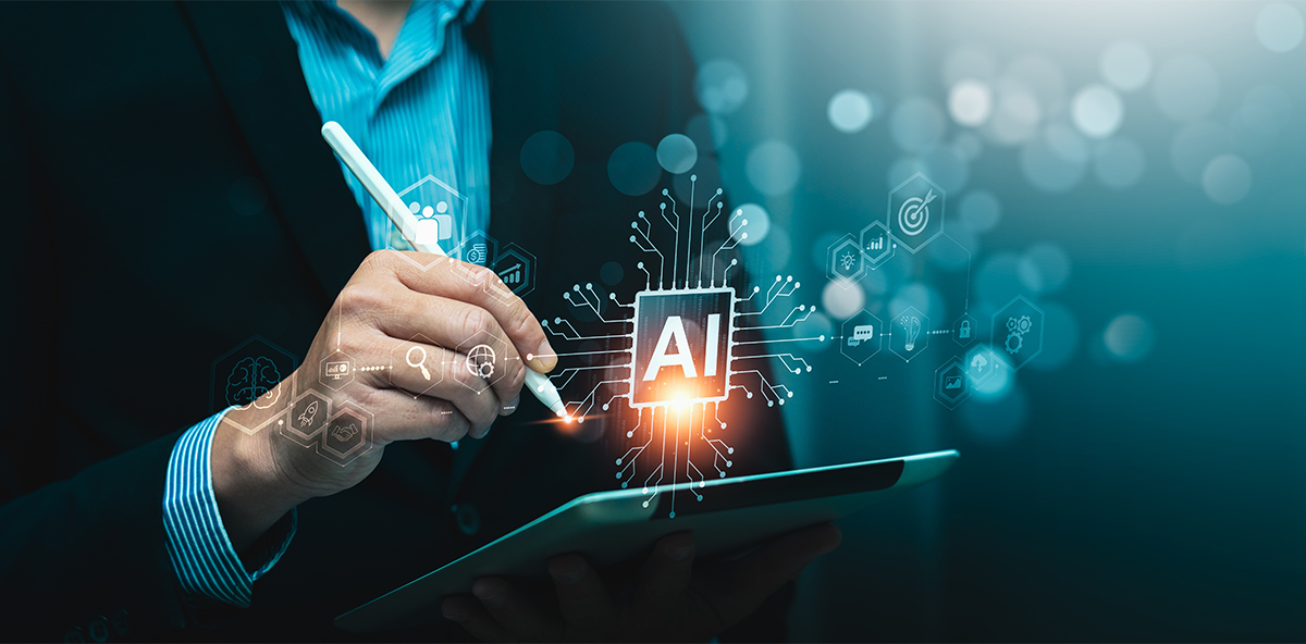 Businessperson using a tablet with AI technology icons glowing around.