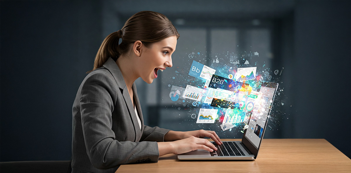 Excited businesswoman engaging with data and B2B content on a laptop, symbolizing the impact of lead management automation in digital sales workflows.