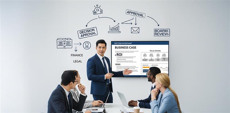 Business professional presenting a detailed ROI-focused business case to a diverse executive team in a meeting room, with decision-making and approval process diagrams on the wall.