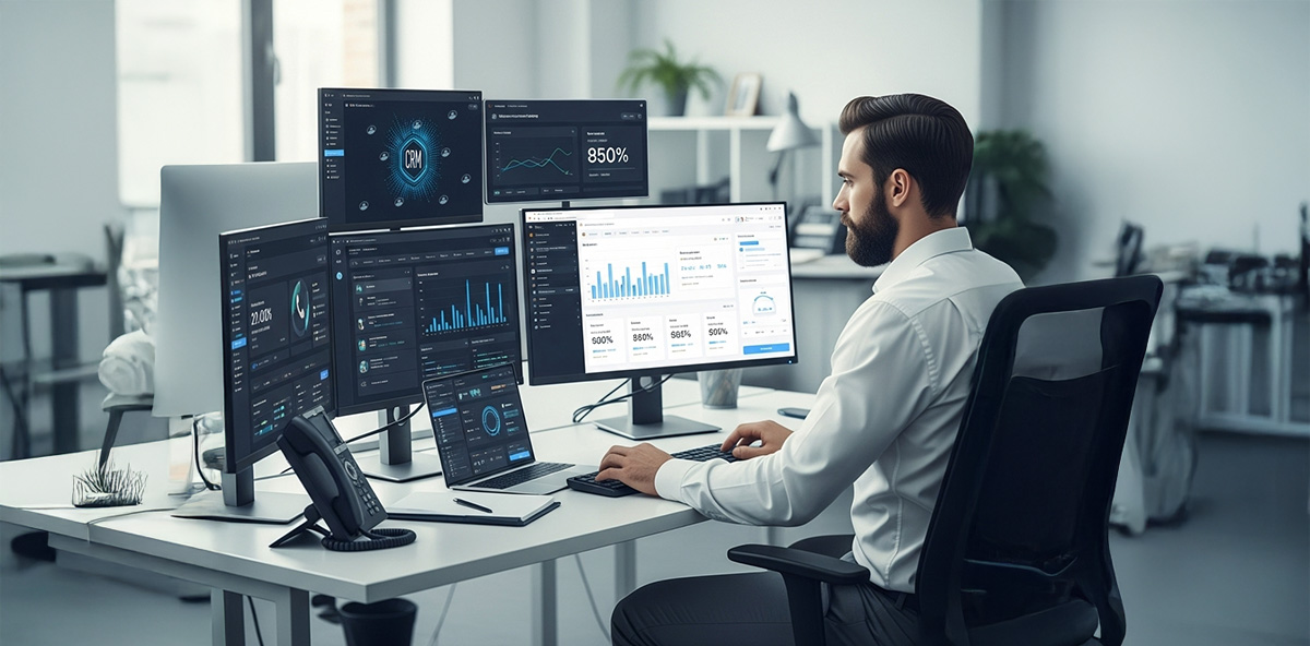 Sales professional working at a multi-screen workstation displaying CRM and lead management software dashboards, analyzing performance and engagement metrics.