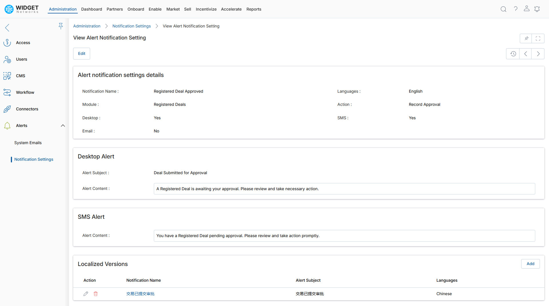 Alerts Management View Alert Notification Setting