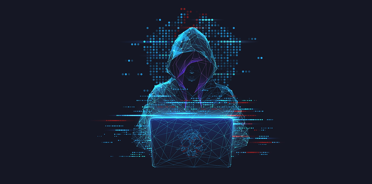Digital hacker figure in a hoodie using a laptop, symbolizing dark web threats countered by a zero-trust partner ecosystem approach.